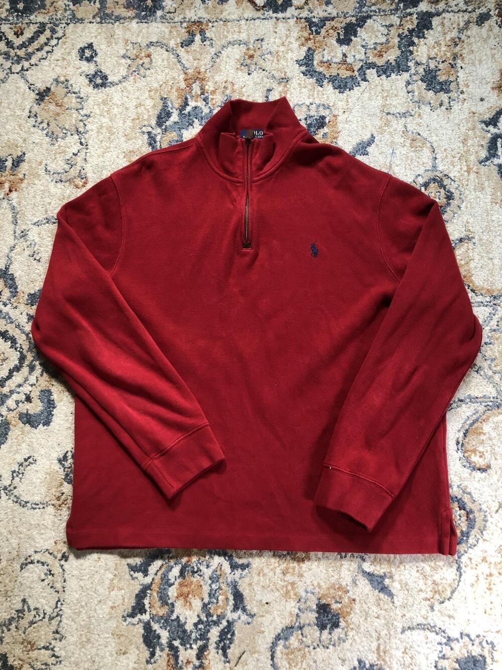 Polo Ralph Lauren Sweater Mens Large Red Cotton 1/4 Zip Mock Neck Knit Pullover